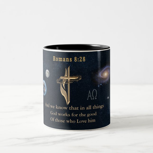 Romans 8:28 Christian  Two-Tone Coffee Mug (Center)
