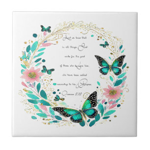 Romans 8:28 Flowers and butterflies Ceramic Tile