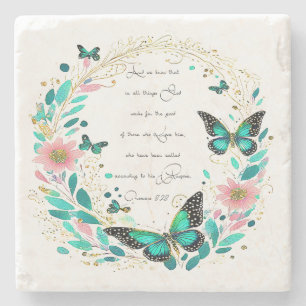 Romans 8:28 Flowers and butterflies  Stone Coaster