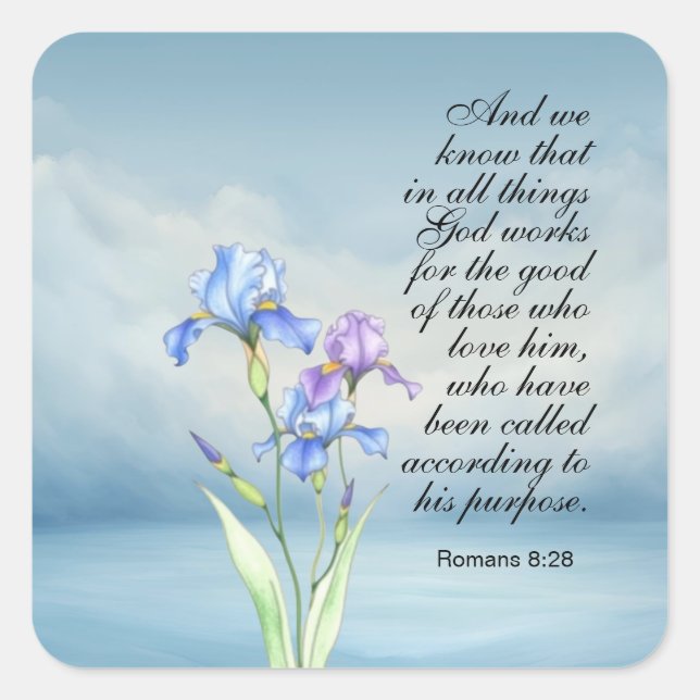 Romans 8:28 Iris Watercolor  Square Sticker (Front)