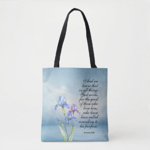 Romans 8:28 Iris Watercolor Tote Bag