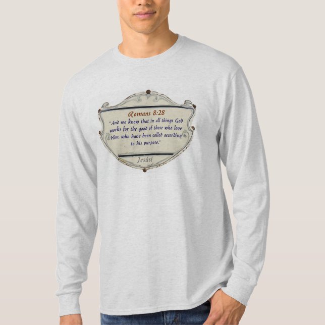 Romans 8:28 Shield Christian Men's Long Sleeve Tee (Front)