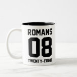 Romans 8 28 Two-Tone coffee mug<br><div class="desc">Romans 8:28 All things work together for good to those who love God,  to those who are called according to His purpose</div>