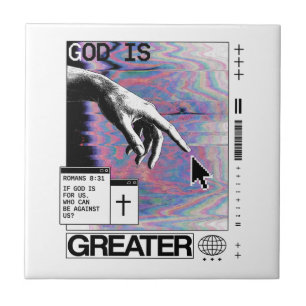 Romans 8:31 Cyberpunk Hand Of God Glitch Art Ceramic Tile