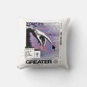 Romans 8:31 Cyberpunk Hand Of God Glitch Art Cushion