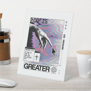 Romans 8:31 Cyberpunk Hand Of God Glitch Art Pedestal Sign
