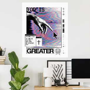 Romans 8:31 Cyberpunk Hand Of God Glitch Art Poster
