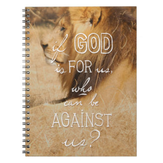 Romans 8:31 orange gold lion Bible quote notebook