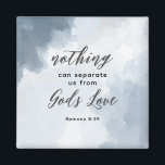 Romans 8:39 God's Love Bible Verse Christian Magnet<br><div class="desc">Kitchen magnet with inspirational quote scripture depicts a simple abstract background in shades of blue. It features a portion of an encouraging Bible Verse taken from Romans 8:39,  "Nothing can separate us from God's Love."</div>