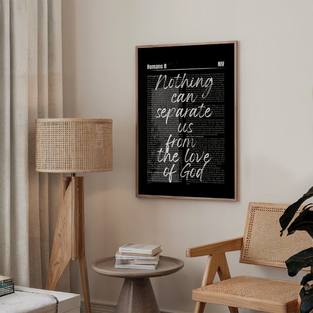 Romans 8 Bold Black Scripture Poster (Minimalist Christian wall art featuring Psalm Romans 8 in elegant black bold typography. )