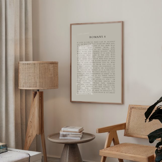 Romans 8 Fall Christian Wall Decor (Minimalist Christian beige wall art featuring Psalm Romans 8 in elegant black bold typography.)