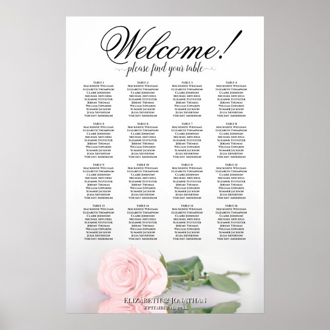 Romantic 16 Table Pink Rose Wedding Seating Chart (Front)