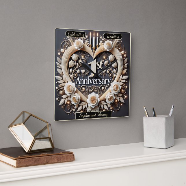 Romantic 1st Anniversary Paper Heart Square Wall Clock (Office)