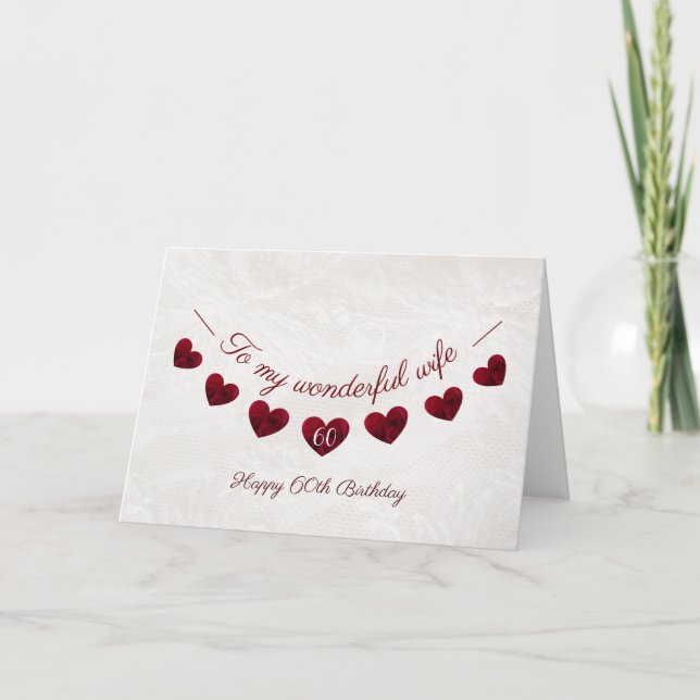 Romantic 60th Birthday Red Heart Bunting wife Card (Front)