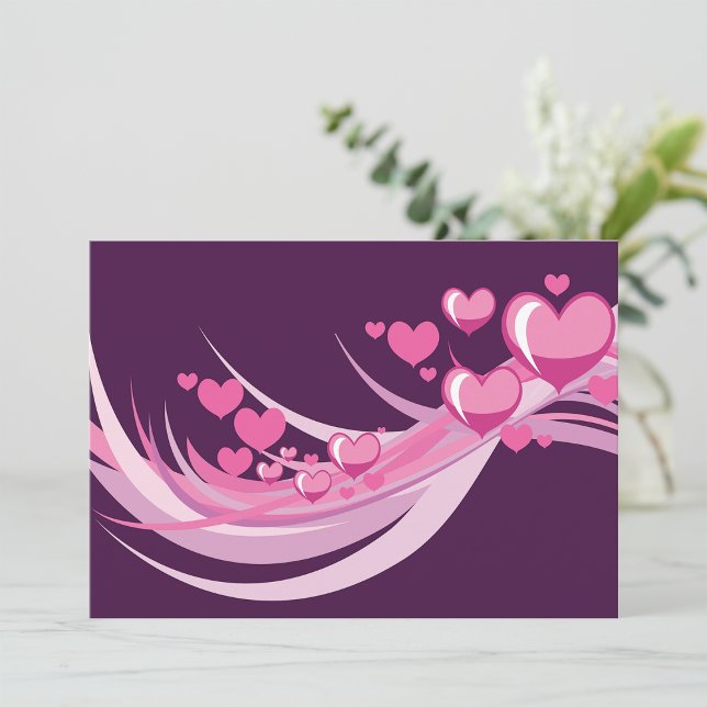 Romantic Abstract Pink Hearts Design On Purple  Invitation (Creator Uploaded)