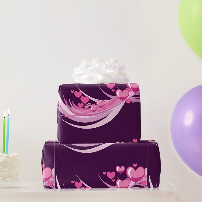 Romantic Abstract Pink Hearts Design On Purple  Wrapping Paper (Creator Uploaded)