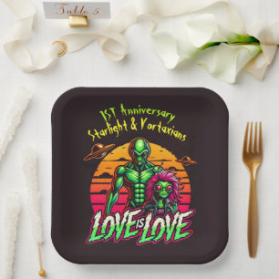 Romantic Aliens Under Cosmic Sunset Paper Plate
