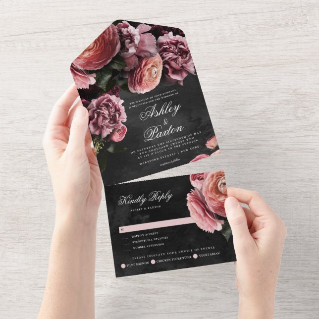 Romantic and Moody Pink Bouquet  All In One Invitation (Tearaway)