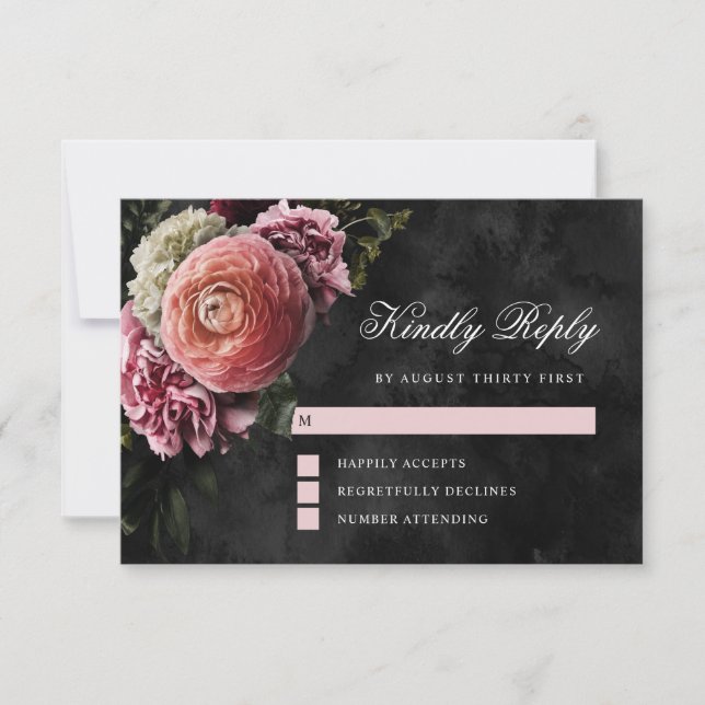 Romantic and Moody Pink Bouquet on Black RSVP Card (Front)