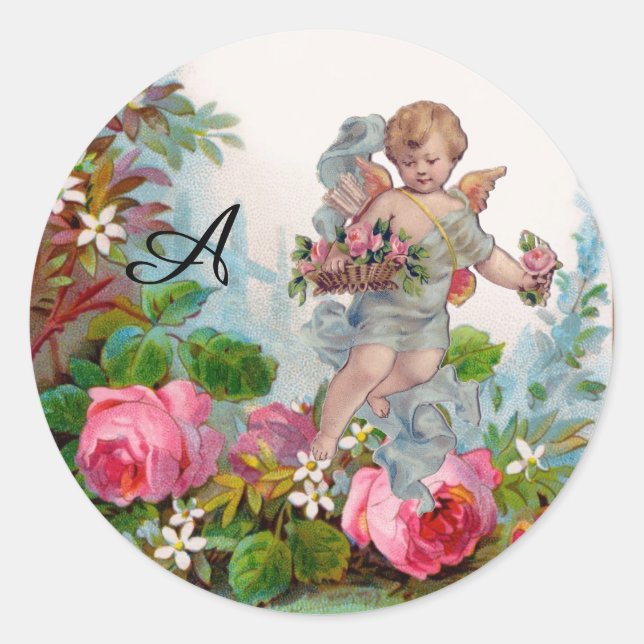 ROMANTIC ANGEL GATHERING PINK ROSES AND FLOWERS CLASSIC ROUND STICKER (Front)