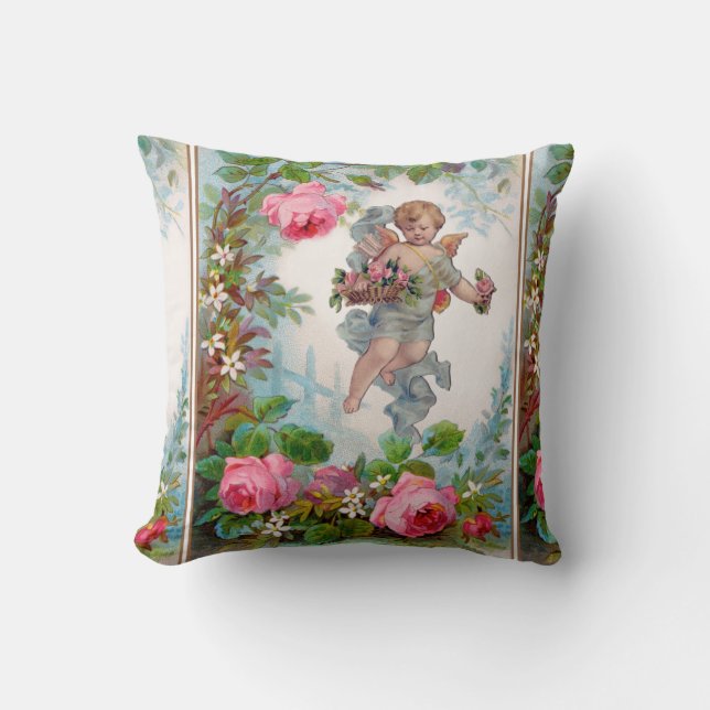 ROMANTIC ANGEL GATHERING PINK ROSES AND FLOWERS CUSHION (Front)