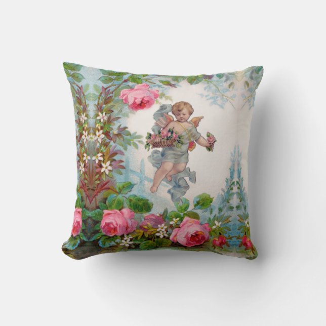 ROMANTIC ANGEL GATHERING PINK ROSES AND FLOWERS TH CUSHION (Front)