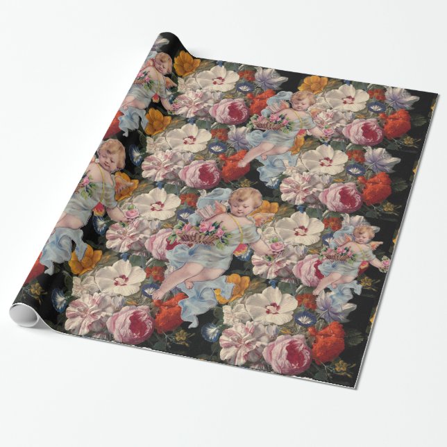 ROMANTIC ANGEL GATHERING PINK ROSES AND FLOWERS WRAPPING PAPER (Unrolled)