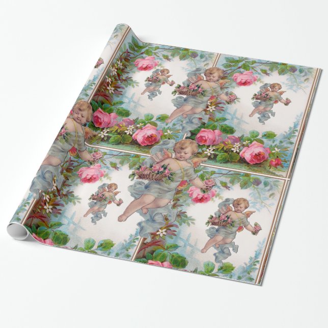 ROMANTIC ANGEL GATHERING PINK ROSES AND FLOWERS WRAPPING PAPER (Unrolled)