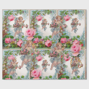 ROMANTIC ANGEL GATHERING PINK ROSES AND FLOWERS WRAPPING PAPER