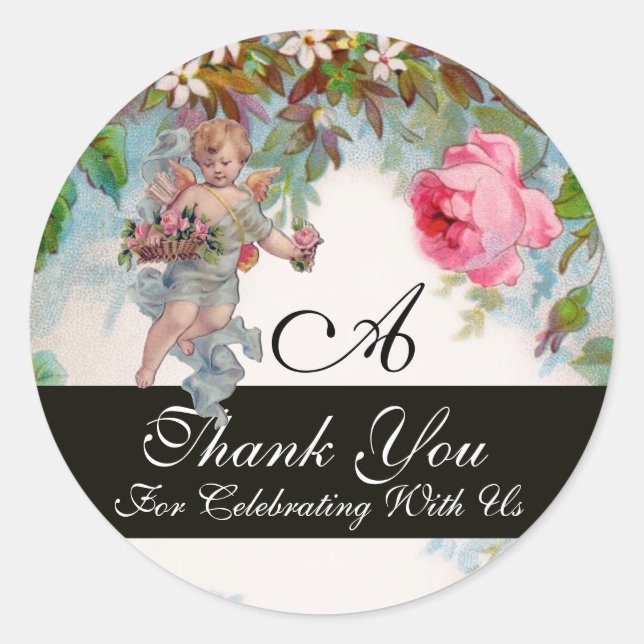 ROMANTIC ANGEL GATHERING PINK ROSES Thank You Classic Round Sticker (Front)