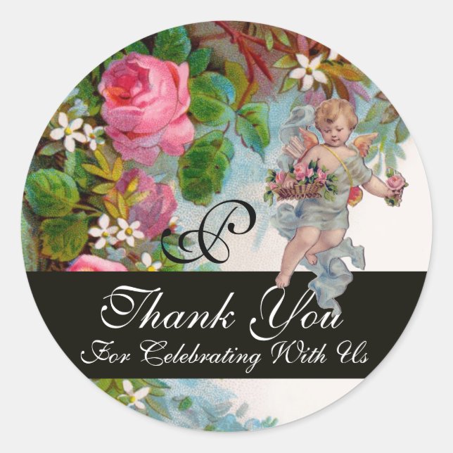 ROMANTIC ANGEL GATHERING PINK ROSES Thank You Classic Round Sticker (Front)