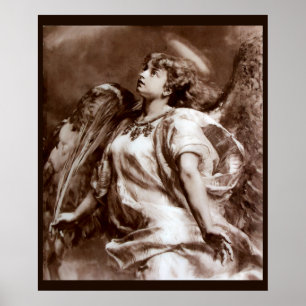 ROMANTIC ANGEL WITH FEATHER IN BROWN SEPIA,WHITE POSTER