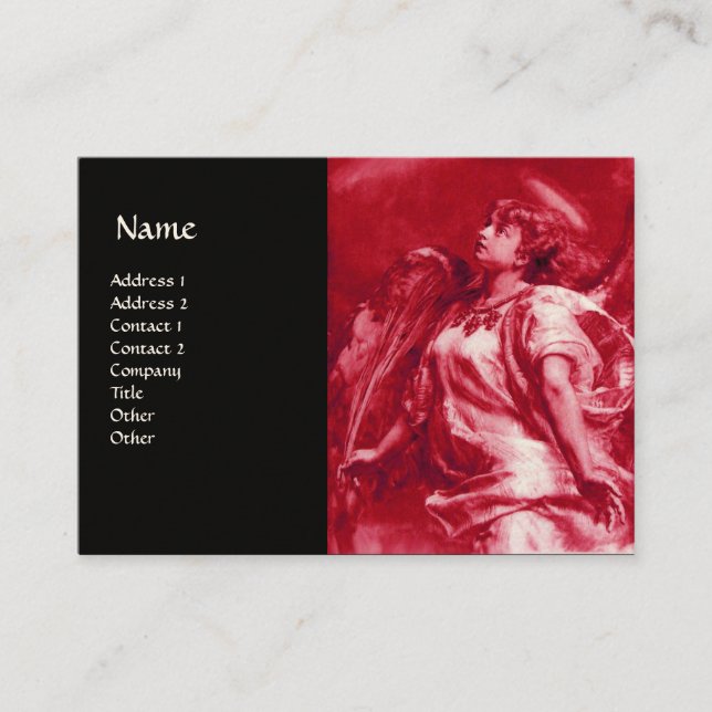 ROMANTIC ANGEL WITH FEATHER IN PINK,FUCHSIA Black Business Card (Front)