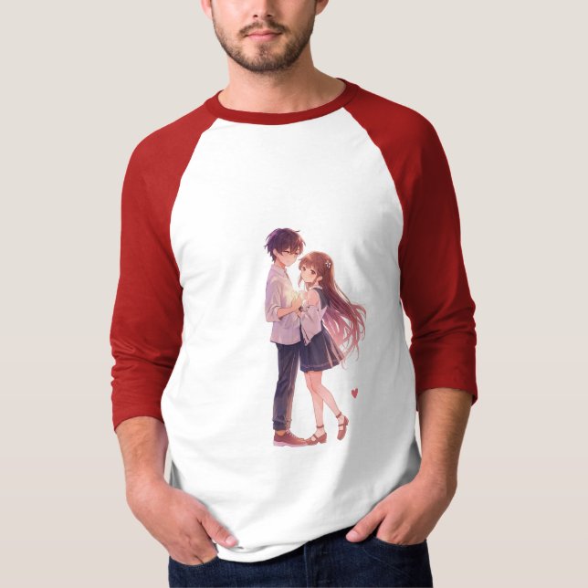 Romantic Anime Couple - Cute Aesthetic Lovers Art  T-Shirt (Front)