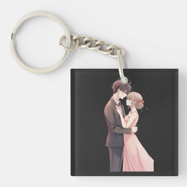 Romantic Anime Couple Embrace T-Shirt Key Ring (Front)