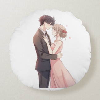 Romantic Anime Couple Embrace T-Shirt Round Cushion