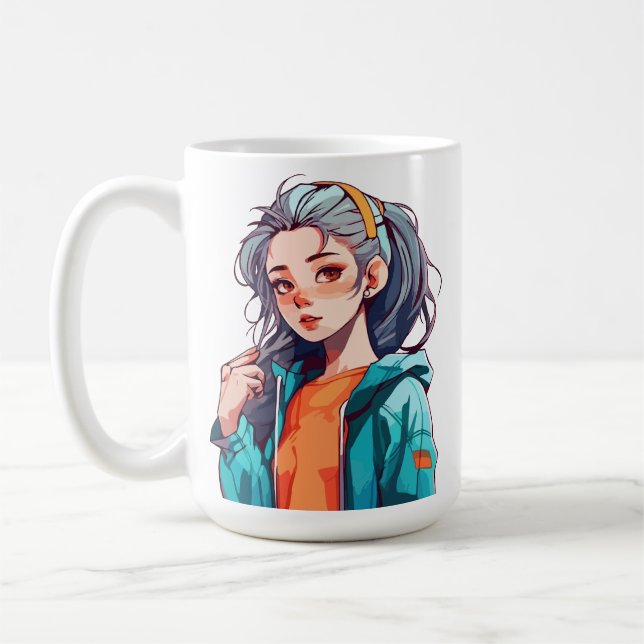 Romantic Anime Girl with Colourful Light Hair Coffee Mug (Left)