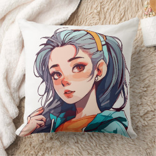 Romantic Anime Girl with Colourful Light Hair Cushion