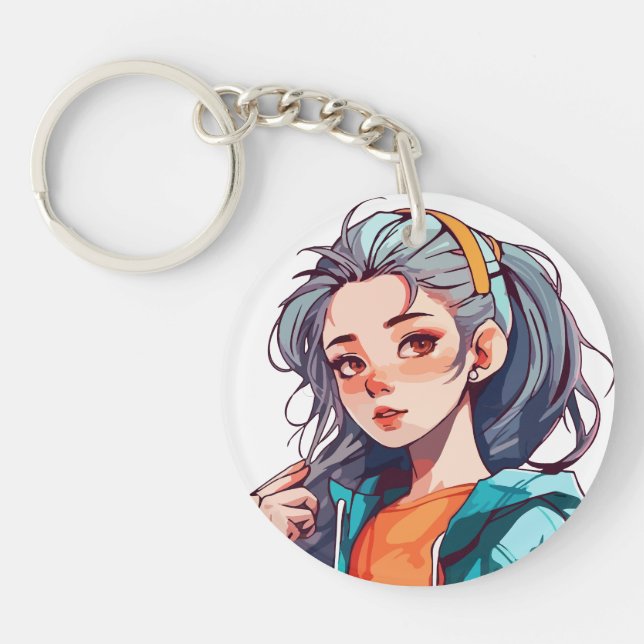 Romantic Anime Girl with Colourful Light Hair Key Ring (Front)