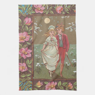Romantic Antique Saint Valentine's Day Card, 1876 Tea Towel