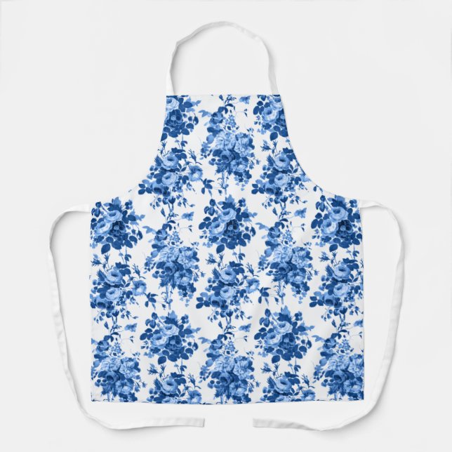 Romantic Antique Vintage Roses-Blue on White Apron (Front)