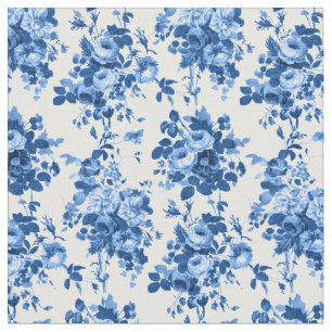 Romantic Antique Vintage Roses-Blue on White Fabric