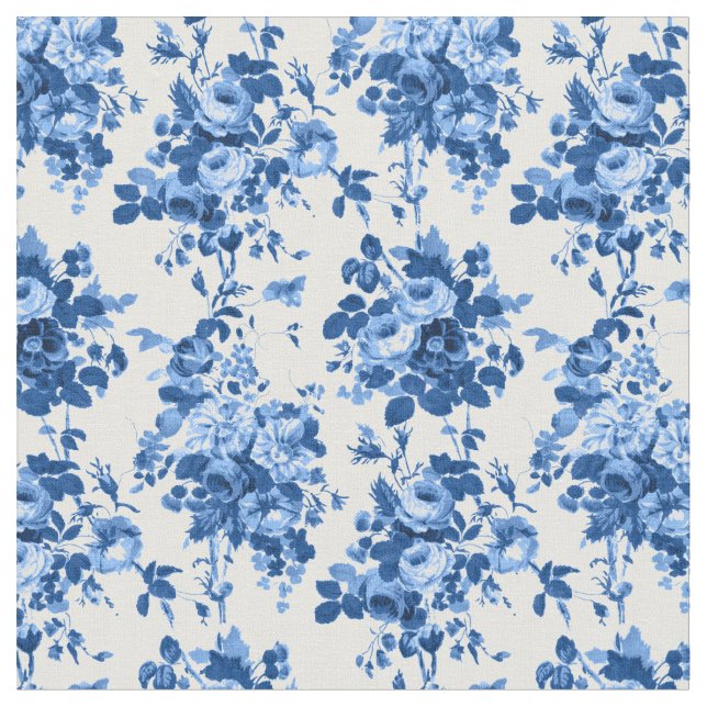 Romantic Antique Vintage Roses-Blue on White Fabric (Close Up)