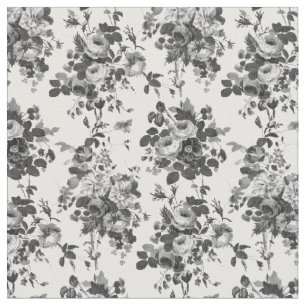 Romantic Antique Vintage Roses-Grey on White Fabric