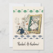 Romantic antique wedding invitation green blue