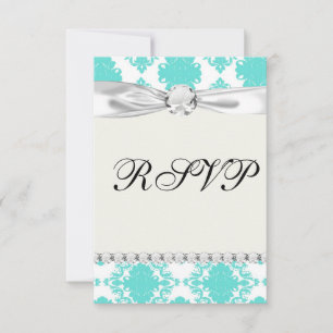 romantic aqua blue white damask design RSVP card