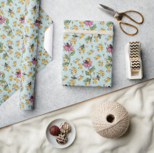 Romantic Aqua Queen Bee, Honeycomb & Flowers  Wrapping Paper