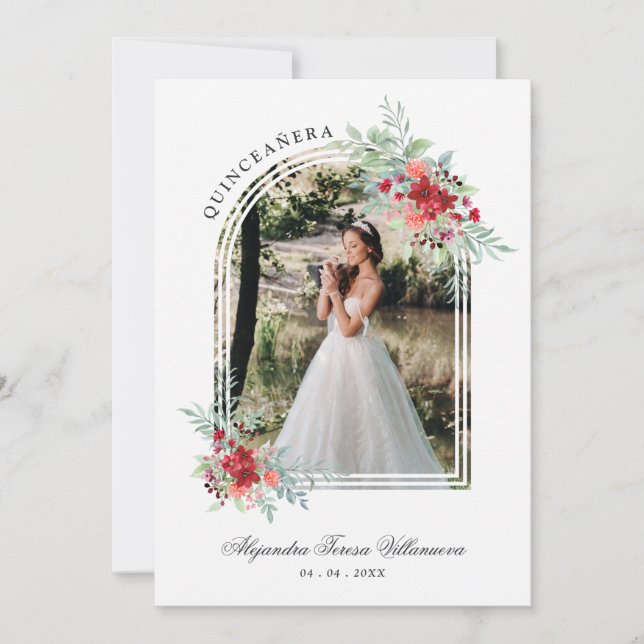 Romantic Arch Spanish Quinceañera Photo Floral Invitation (Front)