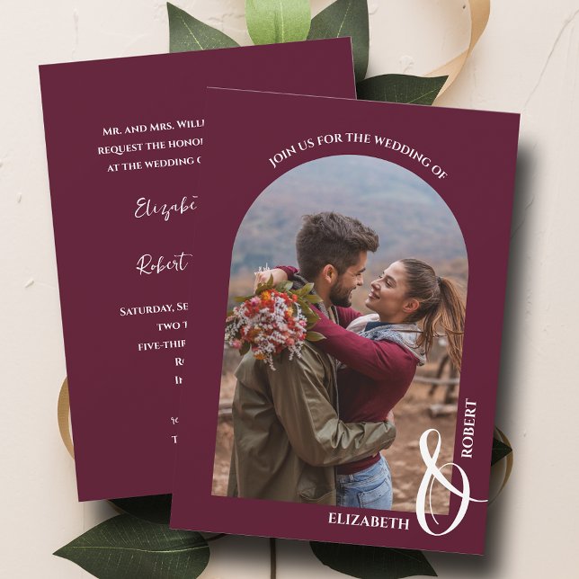 Romantic Arched Photo Burgundy Wedding Invitation (Creator Uploaded)