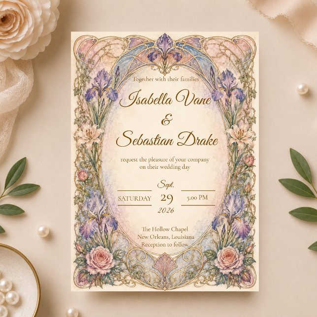 Romantic Art Nouveau Iris Wedding Invitation (Creator Uploaded)